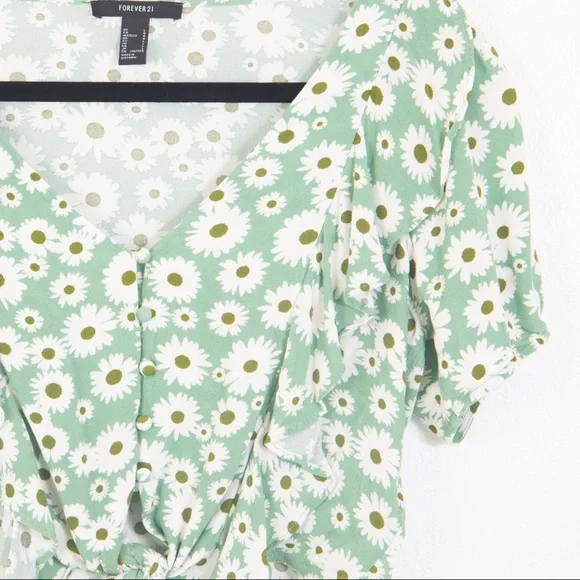 Forever 21 Green Daisy V-Neck Tie Blouse - Picture 3 of 12